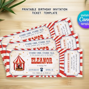 Zirkus-Geburtstagseinladung, druckbare Ticket-Einladung, Zirkus-Party-Einladungsvorlage, bearbeitbare Karnevalseinladung, Junge-Mädchen-Geburtstag