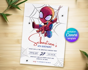 May include: A white invitation card featuring a cartoon Spider-Man character, a spider web design, and the text "Sebastian's 4th Birthday." The invitation includes party details and a "Canva template" label.