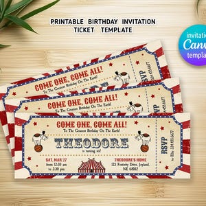 Zirkus-Geburtstagseinladung, druckbare Ticket-Einladung, Zirkus-Party-Einladungsvorlage, bearbeitbare Karnevalseinladung, Junge-Mädchen-Geburtstag