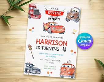 May include: A red, white, and blue birthday invitation for a boy turning four. The invitation features a cartoon image of Lightning McQueen from the movie Cars, along with the text "need four speed". The invitation also includes the boy's name, Harrison, and the date and time of the party.