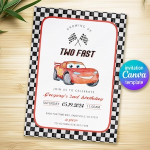 Invito stampabile per auto, invito Saetta Mcqueen, invito festa di compleanno, modello di invito per corse veloci 2 furiose, ragazzo del 2° compleanno