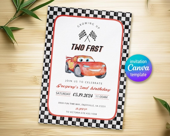Printable Cars invitation, Lightning Mcqueen invite, Birthday Party Invitation, 2 fast 2 furious racing invite template, 2nd birthday boy