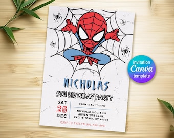 Peut inclure: Un personnage de dessin animé Spiderman rouge et bleu sur un fond blanc avec une toile d'araignée noire. Le texte "NICHOLAS 5TH BIRTHDAY PARTY" est écrit en noir avec un contour blanc. Le texte "SAT 25 DEC" est écrit en rouge avec un contour blanc. Le texte "FROM 12 AM TO 3 PM" est écrit en noir. Le texte "NICHOLAS HOUSE 123 ADVENTURE LANE, EXCITE TOWN, KY 40502" est écrit en noir. Le texte "RSVP TO EVELYN 890-890-8901" est écrit en noir.