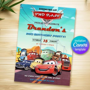 Druckbare Autos-Einladung, Lightning Mcqueen-Einladung, Geburtstagsparty-Einladung, 2 Fast 2 Furious Racing-Einladungsvorlage, 2. Geburtstagskind