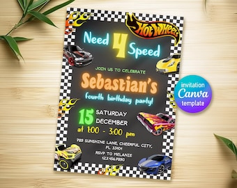 Cars birthday invitation, hot racing invite, wheels invitation, boy fourth birthday party invitation template, nfs printable editable evite