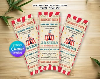 May include: Three vintage-style birthday invitation tickets with a circus theme. Each ticket features a red and white striped border, a circus tent illustration, and the text "ADMIT ONE" and "COME ONE, COME ALL!" The tickets are personalized for Joshua.