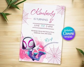 Gwen Birthday Invitation, spider-verse girl birthday invite, editable Ghost Spidey invitation, Spidey Gwen party, girl spiderman birthday
