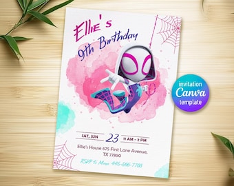 Gwen Birthday Invitation, spider-verse girl birthday invite, editable Ghost Spidey invitation, Spidey Gwen party, girl spiderman birthday