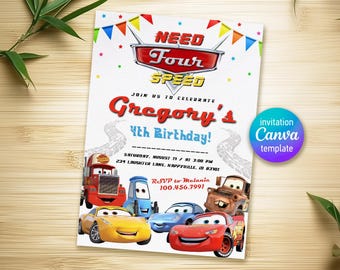 May include: A colorful invitation for a 4th birthday party with a "Need for Speed" theme. The invitation features a red race car with the words "Need Four Speed" and a road with a checkered flag pattern. The invitation also includes the name "Gregory's" and the date and time of the party.
