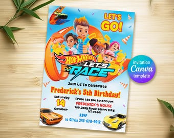 May include: A colorful birthday invitation featuring a Hot Wheels theme. The invitation has a red, orange, and yellow background with a race track design. The text "Let's Go!" is in a large, bold font. The invitation also includes the text "Hot Wheels Let's Race" and "Join us to celebrate Frederick's 5th Birthday!" The invitation includes details about the party, including the date, time, and location. The invitation is decorated with images of Hot Wheels cars and characters.