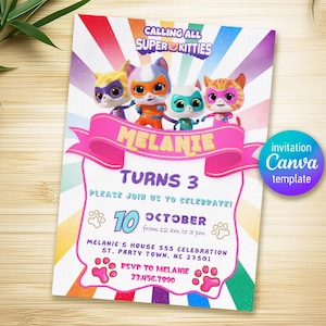 Printable Editable Super Kitty Invite, SuperKitty Birthday, SuperKitties Party invite template, Kitten Invitation Cute Invite