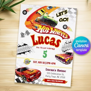 Invitación de cumpleaños de autos, invitación a carreras calientes, invitación a ruedas, plantilla de invitación a fiesta de cumpleaños de niño, evita editable imprimible