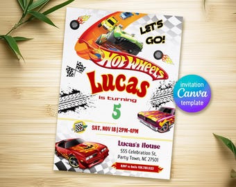 Cars birthday invitation, hot racing invite, wheels invitation, boy birthday party invitation template, printable editable evite