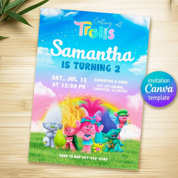 Trolls Birthday Invitation, Calling All Trolls Join Us to Celebrate Invite, Pink Poppy Flower Crown Girl Template