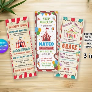 Zirkus-Geburtstagseinladung, druckbare Ticket-Einladung, Zirkus-Party-Einladungsvorlage, bearbeitbare Karnevalseinladung, Junge-Mädchen-Geburtstag