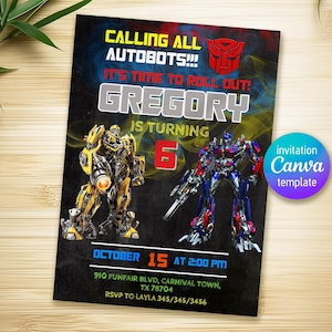 May include: A Transformers-themed birthday party invitation with a yellow and black robot and a blue and red robot. The invitation says "Calling all Autobots!" and "Gregory is turning 6". It also includes the date, time, and location of the party.
