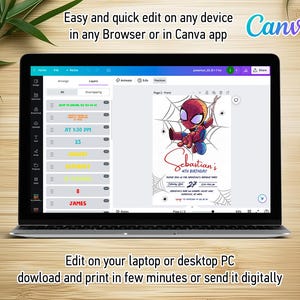 May include: A laptop displaying a birthday invitation design featuring a cartoon Spider-Man character. The screen shows editing options and the text "Sebastian's 4th Birthday". The Canva logo is visible. Text on the screen says "Easy and quick edit on any device".