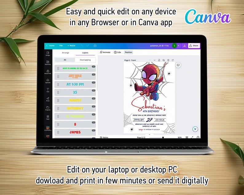 May include: A laptop displaying a birthday invitation design featuring a cartoon Spider-Man character. The screen shows editing options and the text "Sebastian's 4th Birthday". The Canva logo is visible. Text on the screen says "Easy and quick edit on any device".