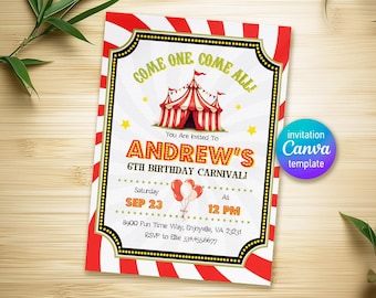 Circus Birthday invitation, printable clown Invitation, Circus Party Invite Template, Carnival Editable Invitation, boy girl birthday