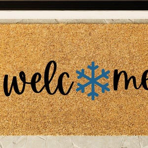 Personalized Welcome Doormat - Hand-Painted Coir Mat with Snowflake Design. Custom Winter, Christmas, Wedding, or Housewarming Gift Door Mat