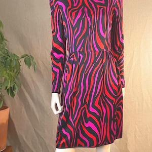 Vintage 1980s Stanley Platos Colorful Silk Zebra Pattern Dress Retro Designer Fashion Statement