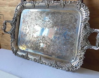 Bandeja de servir victoriana de plata Sheffield con motivo de vid - Bandeja antigua chapada para té, café y decoración de entretenimiento