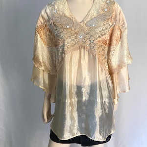 Vintage Beaded Angel Wings Tunic Blouse – Sheer Apricot Rayon Hippie Top