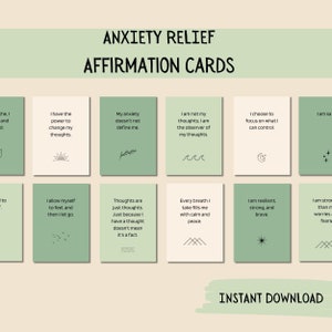 Tarjetas de afirmación para aliviar la ansiedad, tarjetas didácticas con declaraciones, técnicas de conexión a tierra, tarjetas de cuidado personal, decoración del hogar, confianza en uno mismo, digitales, PDF