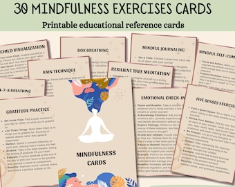 Tarjetas de ejercicios de atención plena en formato PDF Ejercicios de respiración Habilidades de autorregulación Alivio de la ansiedad Regulación emocional Meditación Gratitud Imprimible