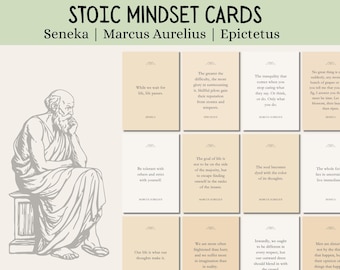 Tarjetas con citas estoicas, estoicismo diario, tarjetas de afirmaciones estoicas, filosofía de Marco Aurelio, meditación diaria, Séneca, Epicteto, enseñanzas estoicas.