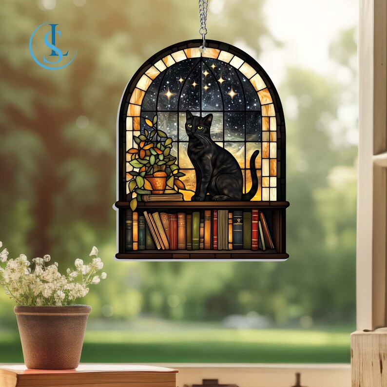 Black Cat and Book Acrylic Window Hanging, Book Lover Gift, Book Stain