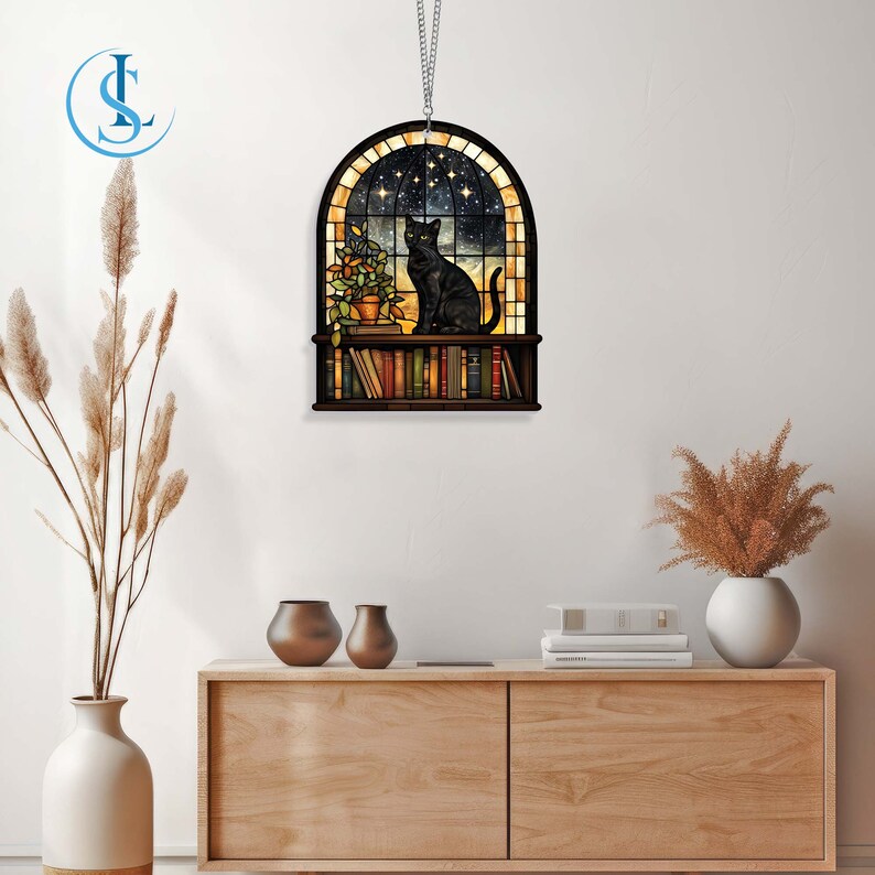 Black Cat and Book Acrylic Window Hanging, Book Lover Gift, Book Stain