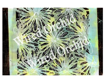 Laser Copy of Original Acrylic Artwork / Lime Green, Brown, Turquoise, White Flower Design