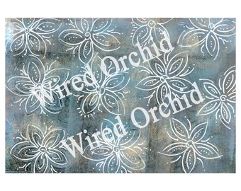 Laser Copy of Original Acrylic Artwork / Teal Blue, White Floral Design