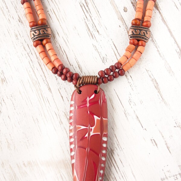 Polymer Clay Focal Pendant featuring Tropical Abstract Red and Coral Leaf Design