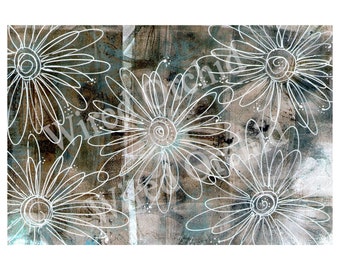 Laser Copy of Original Acrylic Artwork / Brown, Gray, Teal, Taupe White Big Flower Design