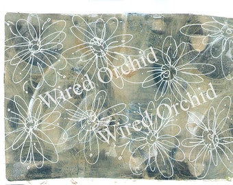 Laser Copy of Original Acrylic Artwork / Denim Blue, White Floral Design
