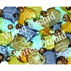 Lime Wheels Laser Copy of Original Alcohol Ink Artwork / Lime Green, Olive Green, Brown, Turquoise, Yellow Pinwheel Design image 1