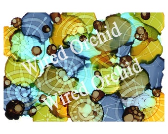 Lime Wheels Laser Copy of Original Alcohol Ink Artwork / Lime Green, Olive Green, Brown, Turquoise, Yellow Pinwheel Design