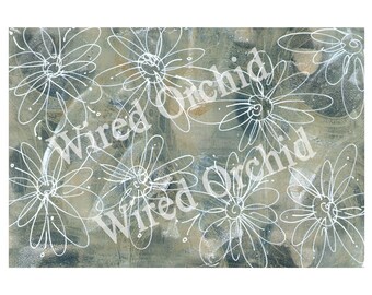 Laser Copy of Original Acrylic Artwork / Denim Blue, White Floral Design