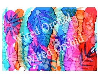 Tropical Bouquet Laser Copy of Original Alcohol Ink Artwork / True Blue, Orange, Turquoise, Purple, Hot Pink Abstract Design