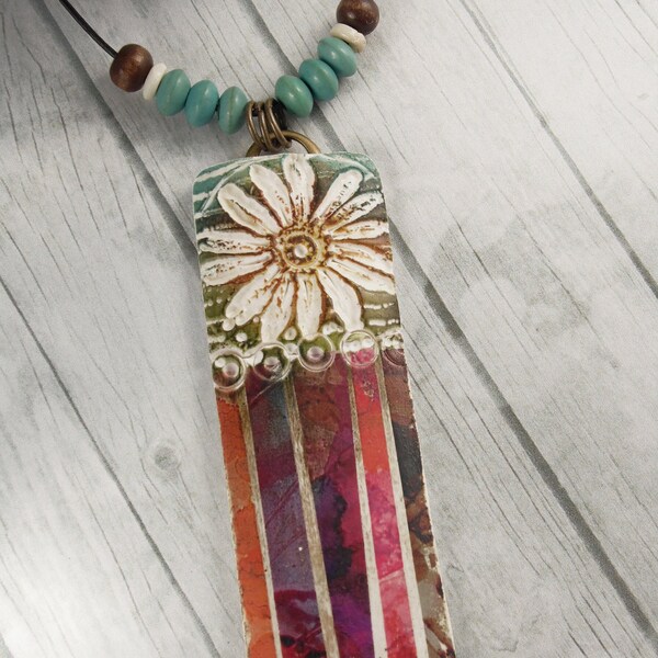 Polymer Clay Pendant Beach Boho Jewelry featuring Flower Plank Design in Hot Pink, Magenta, Orange, Turquoise and White