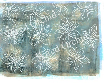 Laser Copy of Original Acrylic Artwork / Teal Blue, White Floral Design