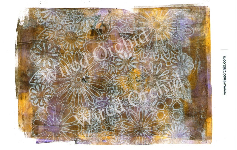 Laser Copy of Original Acrylic Artwork / Brown, Yellow, Violet Floral Design image 2