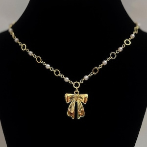 Dainty Coquette Gold Plated Bow Necklace on Pearl Chain