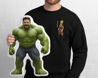 Custom Green Superhero Photo Pillow, Personalized Muscular Hero Portrait, Superhero Gift for Dad, Fun Comic Style Decorative Cushion