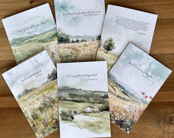 6 belles cartes de voeux chrétiennes conçues à l'aquarelle avec un verset de la Bible et un blanc à l'intérieur