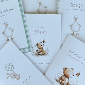 6 hermosas tarjetas de felicitación cristianas vintage para guardería, recién nacidos, baby shower, recuperación y escrituras.