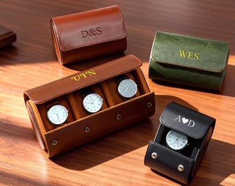 Personalized Watch Box - PU Leather Watch Case, Watch Roll for 3 Watches, Gifts for Husband, Wedding Groomsmen Gifts