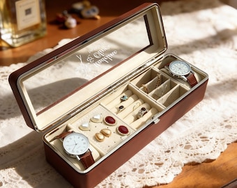 Joyero grabado con tapa de cristal para relojes y anillos, joyero personalizado para mujer, regalo para el Día de la Madre.